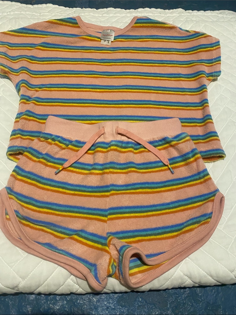 Kids Pink Rainbow Striped terry cloth set - Short Sleeve Top & Shorts